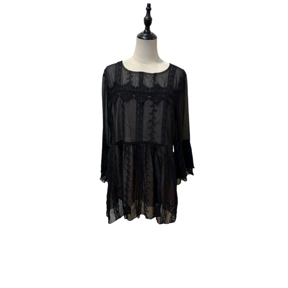 Suzanne‎ Betro Sheer Lace Blouse Top Black Sz L Whimsigoth Fairy Coquette Boho